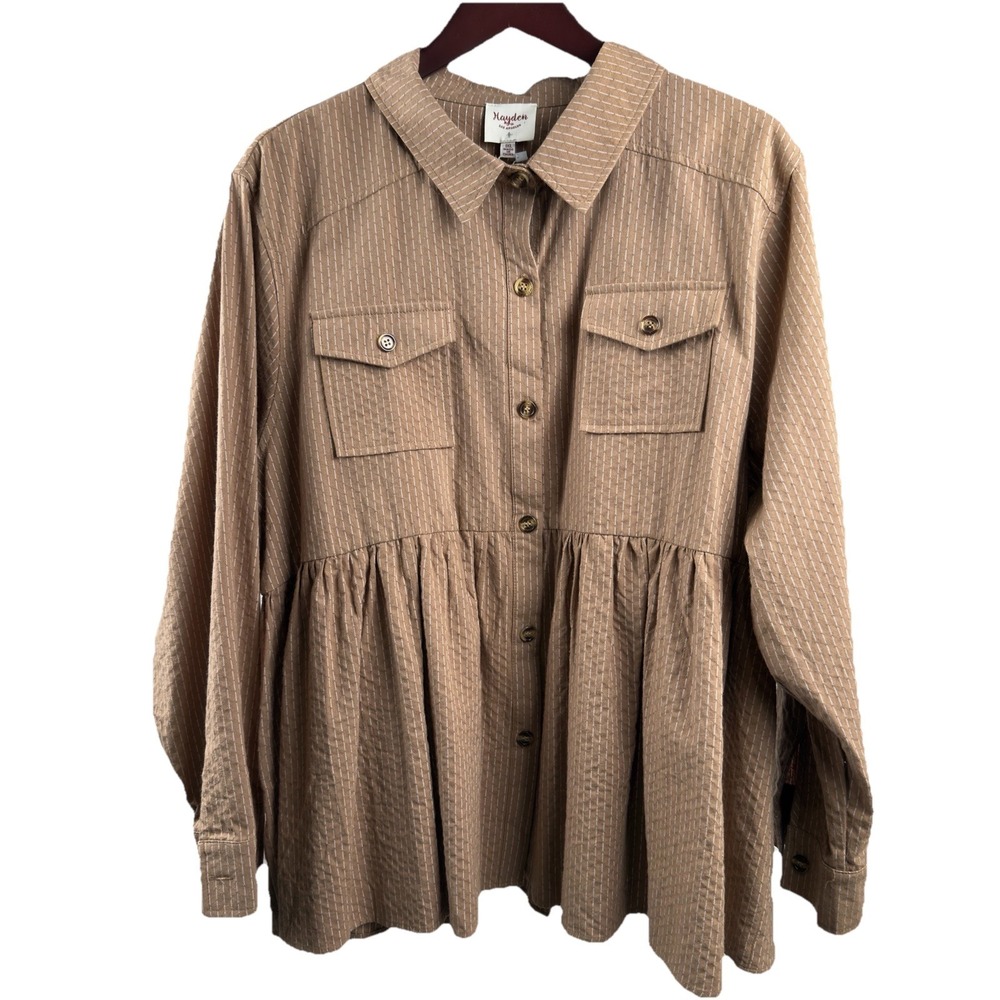 Hayden Shirt Womens 1XL Button Up Top Comfort Casual Preppy Career Pockets Taupe - Picture 2 of 16
